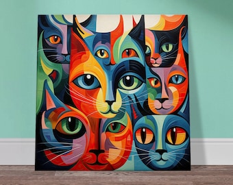 Abstract Cat Faces Canvas Art: Colorful Feline Home Decor