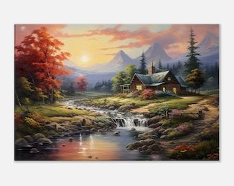 Impresión en lienzo de cabaña de montaña: arte mural con paisaje rústico
