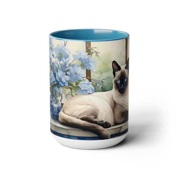 Siamese Cat 15 oz Ceramic Mug, Blue or Black Accent, Cat Lover Gift Idea, Cat Beverage Mug