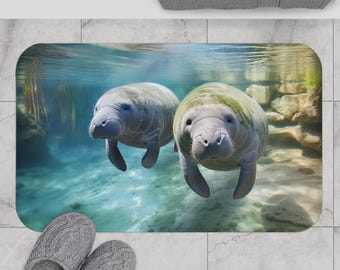 Swimming Manatee Bath Mat: Ocean Animal Bathroom Decor