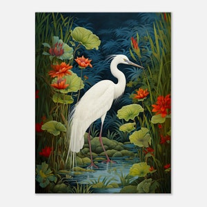 White Egret Crane Wall Art on Slim Canvas