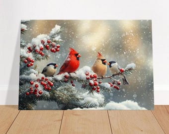 Winterse kardinaal canvas wanddecoratie, kardinalen en mezen in de sneeuw, kerstdecoratie met vogels