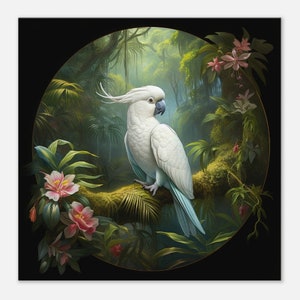 White Cockatoo Parrot Print on Slim Canvas - Unframed, White Jungle Cockatoo Print - Bird Art, Jungle Landscape Print, Ready to Hang