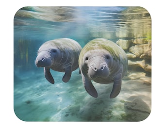 Manatee Illustration Mouse Pad | Gentle Sea Cow Desk Mat (9" x 8" Rectangle)