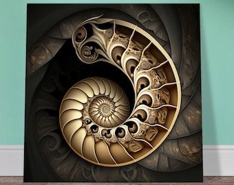 Golden Ammonite Abstract Art Print: Modern Slim Canvas Wall Decor