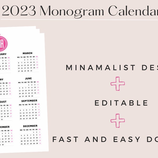 Monogram 2023 Calendar, Pink, Editable, Fast and Easy Download