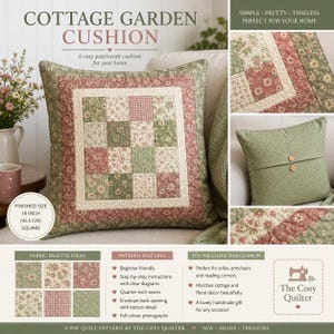 May include: A square patchwork cushion featuring a central grid of floral and gingham fabric squares in shades of sage green, dusty pink, and cream. The back includes an envelope closure with two wooden buttons. Finished size is 18 inches square.