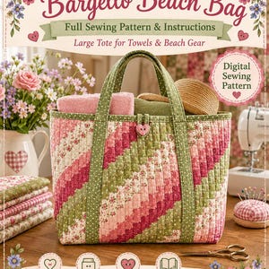 May include: A digital sewing pattern for a Bargello Beach Bag, a large tote for towels and beach gear. The pattern features a quilted bag with a pink and green diagonal stripe floral pattern, green handles, and a heart-shaped button closure.