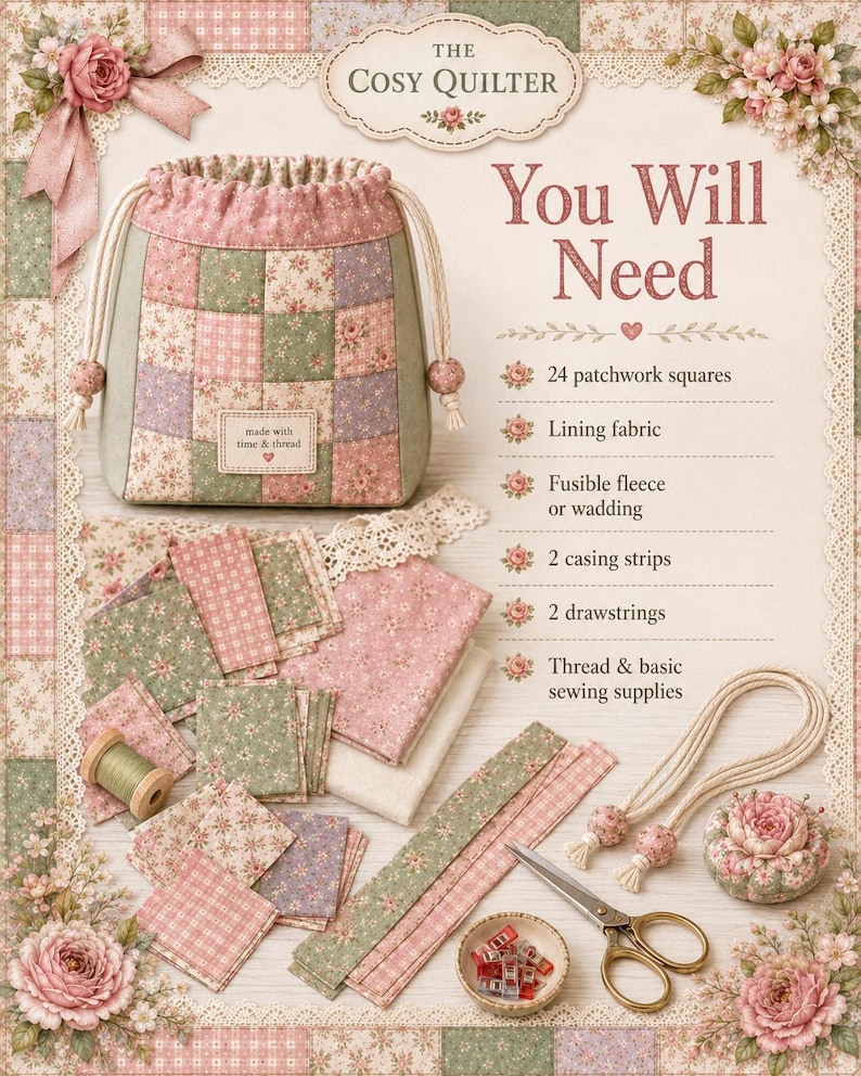 Pode incluir: Um kit de costura com uma bolsa de patchwork finalizada com cord&atilde;o, quadrados de tecido com estampas florais em rosa, verde e creme, dois cord&otilde;es com contas, tesoura, uma almofada de alfinetes e uma lista intitulada The Cosy Quilter You Will Need.