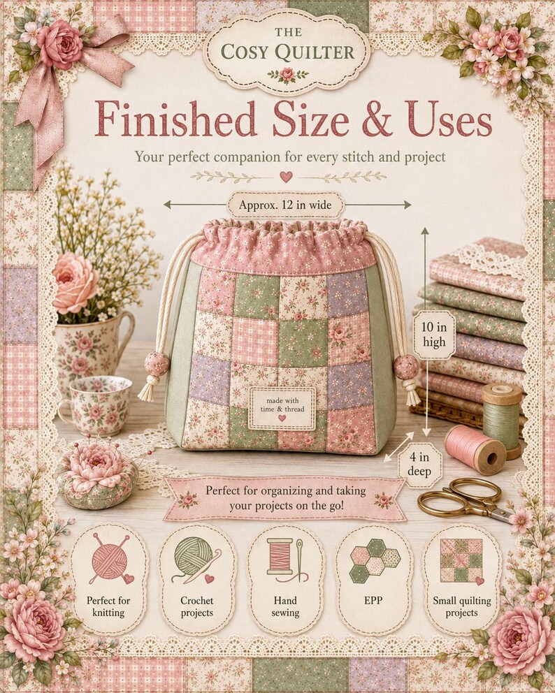 Pode incluir: Uma bolsa com cord&atilde;o feita de tecido patchwork com padr&otilde;es florais e xadrez em rosa, verde e creme. A bolsa tem uma etiqueta com a inscri&ccedil;&atilde;o 'made with time & thread' e mede aproximadamente 30,5 cm de largura, 25,4 cm de altura e 10,2 cm de profundidade.