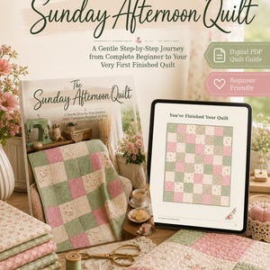 May include: A digital PDF quilt guide titled The Sunday Afternoon Quilt, featuring a step-by-step journey for beginners. The guide displays a finished quilt with a pink, green, and cream floral patchwork pattern, alongside sewing supplies.