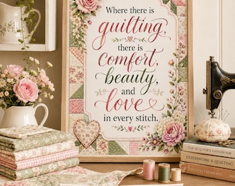 Väggkonsttryck med quiltning, blommig lapptäcke, syrumsinredning (digital nedladdning)