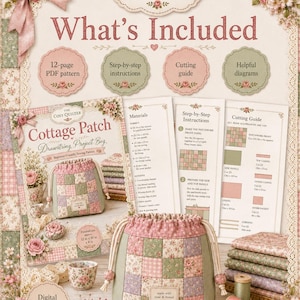 Pode incluir: Um molde de costura digital para uma bolsa com cord&atilde;o Cottage Patch da The Cosy Quilter. Inclui um PDF de 12 p&aacute;ginas, instru&ccedil;&otilde;es passo a passo, guia de corte e diagramas. Mostra uma bolsa acabada com um design floral de patchwork.