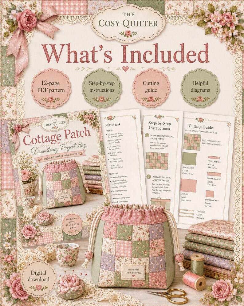 Pode incluir: Um molde de costura digital para uma bolsa com cord&atilde;o Cottage Patch da The Cosy Quilter. Inclui um PDF de 12 p&aacute;ginas, instru&ccedil;&otilde;es passo a passo, guia de corte e diagramas. Mostra uma bolsa acabada com um design floral de patchwork.