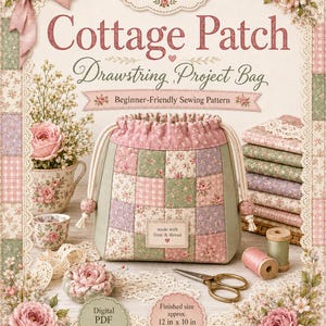 Cottage Patch Drawstring Project Bag Sewing Pattern | Beginner Friendly Patchwork Bag | Quilted Project Bag PDF | Digital Download