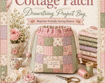 Mönster för sömnad av dragskoväska i Cottage Patch | Nybörjarvänlig lapptäcksväska med quiltad väska (PDF-nedladdning)