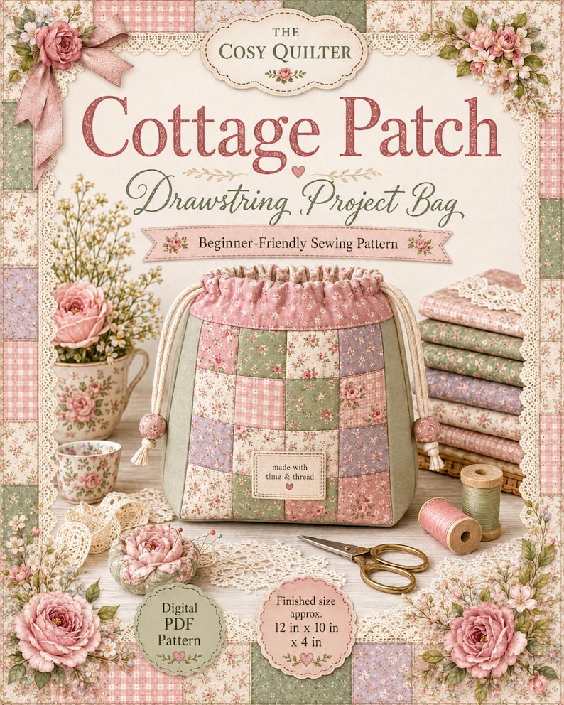 Pode incluir: Um molde de costura PDF digital para uma bolsa de projeto com cord&atilde;o Cottage Patch da The Cosy Quilter. A capa mostra uma bolsa acolchoada com design floral de patchwork, uma etiqueta com made with time & thread e medidas de 30,5 cm x 25,4 cm x 10,2 cm.
