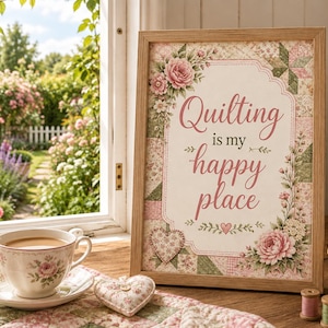 May include: A rectangular wooden frame containing a print with the text Quilting is my happy place, decorated with pink roses and green patchwork patterns. The print is displayed alongside a floral teacup, a heart-shaped cushion, and a pitcher.