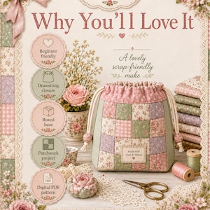 Pode incluir: Uma bolsa de patchwork com fecho de cord&atilde;o, apresentando padr&otilde;es florais e xadrez em tons de rosa, verde e lavanda. A bolsa inclui uma etiqueta retangular com o texto made with time & thread, acompanhada por acess&oacute;rios de costura e tesouras.