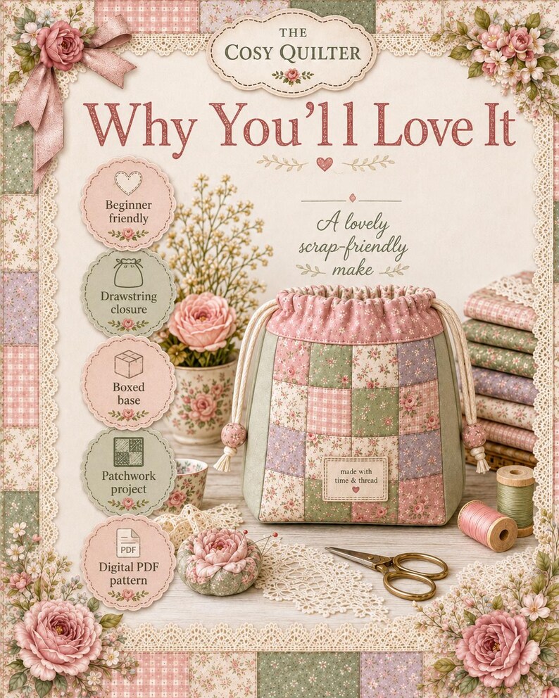 Pode incluir: Uma bolsa de patchwork com fecho de cord&atilde;o, apresentando padr&otilde;es florais e xadrez em tons de rosa, verde e lavanda. A bolsa inclui uma etiqueta retangular com o texto made with time & thread, acompanhada por acess&oacute;rios de costura e tesouras.