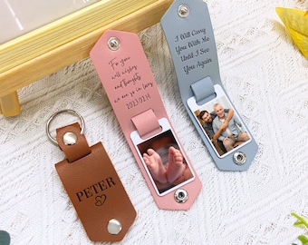 Personalized Leather Keychain with Photo and Text,Custom Photo Keychain for Him,Anniversary Gift,Mother's Day Gift,Gift for New Dad