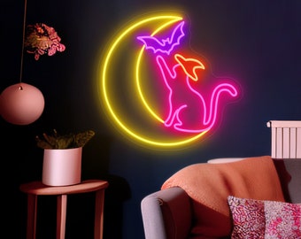 Moon Cat Neon Sign Custom Gift voor Kid, Neon Sign Custom Bedroom Decor, Custom Signs Cadeau voor haar, Custom Led Sign Gepersonaliseerde Geschenken