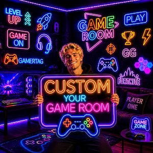 May include: A rectangular neon sign featuring the text CUSTOM YOUR GAME ROOM in orange, blue, and pink, with a blue game controller icon at the bottom. The sign is held in front of a wall decorated with various colorful neon gaming icons.
