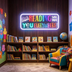 Może przedstawiać: Biblioteka dla dzieci z półkami pełnymi książek. Neonowy znak głosi "READING WILL TAKE YOU EVERYWHERE!". Kolorowy fotel z kocem stoi w rogu. Globus i kolorowe dekoracje ścienne dopełniają scenę.