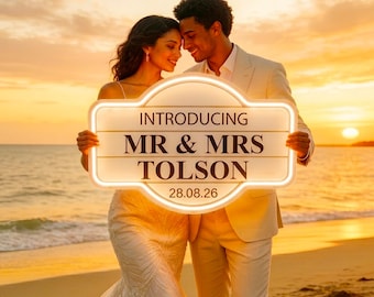May include: A couple stands on a beach at sunset, holding a glowing sign that reads "INTRODUCING MR & MRS TOLSON 28.08.26". The sign is white with a gold border. The woman wears a white wedding dress, and the man wears a beige suit.