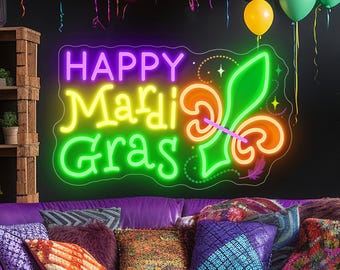 Happy Mardi Gras Carnival Led Neon Light, Fleur De Lis Party Decor, Mardi Gras Wall Decor Custom for Bar, Home