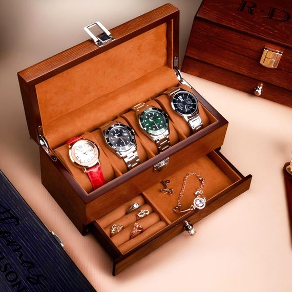 Custom Engraved Wooden Watch Jewelry Box for Men, Personalize Gift for Him Husband Dad