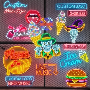 Pode incluir: Uma cole&ccedil;&atilde;o de v&aacute;rios letreiros de n&eacute;on com designs como uma fatia de pizza, cones de sorvete, uma caveira usando chap&eacute;u, um hamb&uacute;rguer, l&aacute;bios e texto incluindo Custom Neon Sign, Laura Nail Studio, Garage, Gasiness, Business e Live Music.
