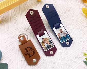 Custom Photo Keychain, Personalized Leather Fathers Day Gift for New Dad, Groom Gifts, Couples Keychain, Anniversary Gift, Mother's Day Gift