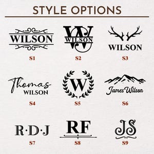 May include: Nine different style options for personalized wooden signs. The styles include a classic script font, a monogram, a deer antler design, a handwritten name, a monogram with a wreath, a mountain range, a monogram with a line, and a monogram with a swirl.