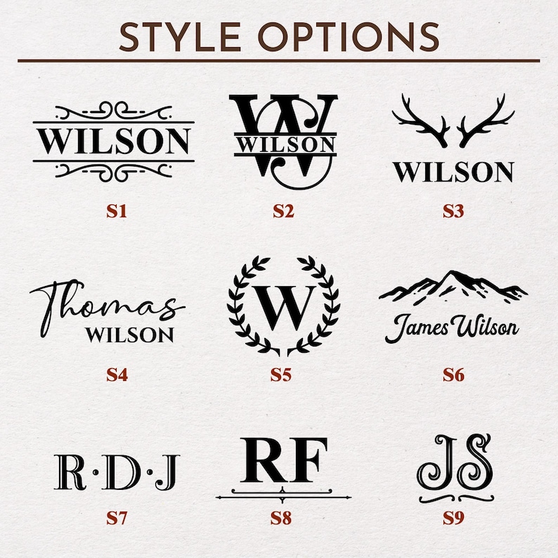 May include: Nine different style options for personalized wooden signs. The styles include a classic script font, a monogram, a deer antler design, a handwritten name, a monogram with a wreath, a mountain range, a monogram with a line, and a monogram with a swirl.