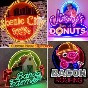 Pode incluir: Uma cole&ccedil;&atilde;o de quatro letreiros de n&eacute;on personalizados com v&aacute;rios designs: Scenic City Smoothie com um horizonte, Jimmy's Bag of Donuts com um personagem, Banda Farms com uma ilustra&ccedil;&atilde;o de celeiro e Bacon Roofing com um porco.
