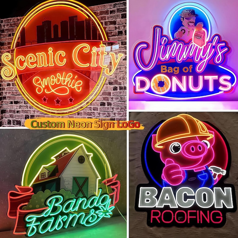 Pode incluir: Uma cole&ccedil;&atilde;o de quatro letreiros de n&eacute;on personalizados com v&aacute;rios designs: Scenic City Smoothie com um horizonte, Jimmy's Bag of Donuts com um personagem, Banda Farms com uma ilustra&ccedil;&atilde;o de celeiro e Bacon Roofing com um porco.