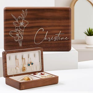 Custom Birth Flower Wooden Jewelry Box, Personalized Valentines Day Gift for Her
