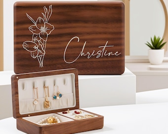 Benutzerdefinierte Geburtsblumen-Schmuckschatulle aus Holz, personalisiertes Valentinstagsgeschenk für sie