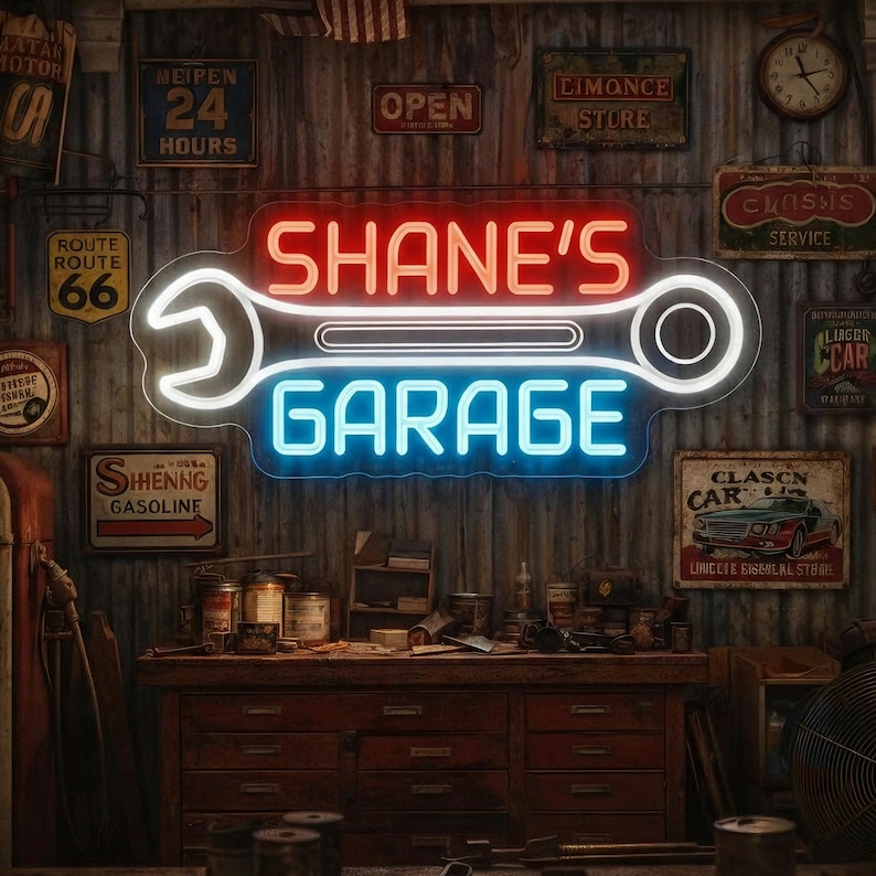 Custom Garage Neon Sign, Personalized LED Light for Car Workshop & Man ...