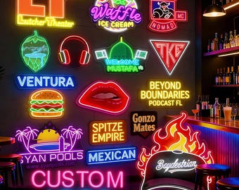 May include: A collection of various neon signs mounted on a wall, featuring diverse designs including text like LT Lutcher Theater, Waffle Ice Cream, The Horde Nomad, Ventura, Welcome Mustafa, TKE, Beyond Boundaries, Syan Pools, and Baydestrian.