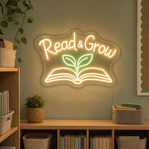 Read and Grow Neon Sign for Classroom Library, LED Kids Study Room Reading Corner Wall Decor, Cozy Teacher Appreciation Gift