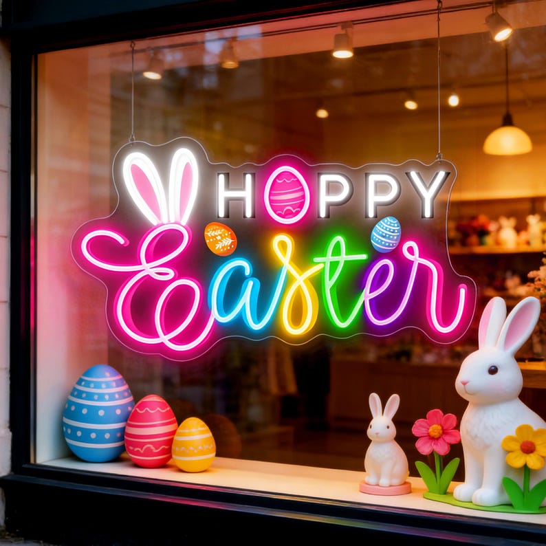 Happy Easter Neon Sign for Wall Decor, LED Bunny Egg Neon Light, Spring ...