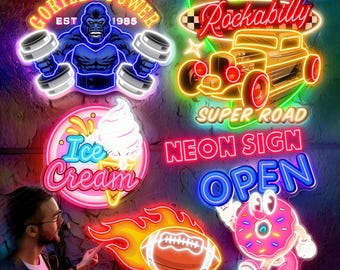 May include: A selection of vibrant neon signs. The signs depict a gorilla with weights, a vintage car, an ice cream, a football, and a donut with the word "OPEN". The signs are lit with bright neon lights.