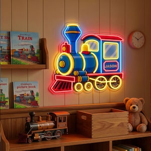 May include: A wall-mounted neon sign shaped like a steam locomotive train, featuring bright blue, yellow, and red light tubes. The side of the train engine displays the name JASON in illuminated letters, creating a vibrant glowing display.