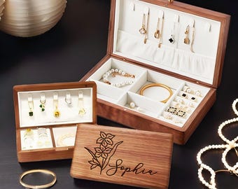 Custom Graduation Gift for Her, Personalized Birth Flower Gift, Bridesmaid Gift, Wooden Jewelry Box, Personalized Jewelry Box Gift for Mom