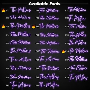 Pode incluir: Uma tabela intitulada Available Fonts exibe vinte e nove varia&ccedil;&otilde;es do texto The Millers em um estilo neon roxo contra um fundo preto. Cada entrada &eacute; numerada de F1 a F29, com emojis de fogo marcando fontes selecionadas.