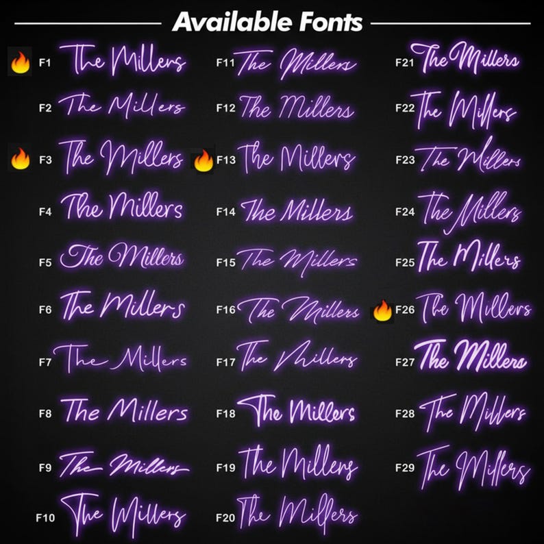 Pode incluir: Uma tabela intitulada Available Fonts exibe vinte e nove varia&ccedil;&otilde;es do texto The Millers em um estilo neon roxo contra um fundo preto. Cada entrada &eacute; numerada de F1 a F29, com emojis de fogo marcando fontes selecionadas.