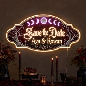 Gotisch neonbord 'Save the Date' voor een bruiloft, LED-verlichting met de namen van het bruidspaar voor een romantische verlovingsfeestdecoratie in donkere stijl, hemels maansymbool