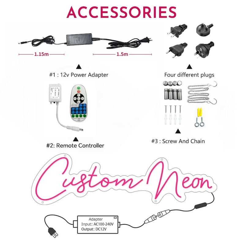 Pode incluir: Acess&oacute;rios para um letreiro de n&eacute;on personalizado, incluindo um adaptador de energia 12v com cabos de 1,15m e 1,5m, quatro tipos de plugues, um controle remoto e um conjunto de parafusos, buchas e correntes para instala&ccedil;&atilde;o e montagem.